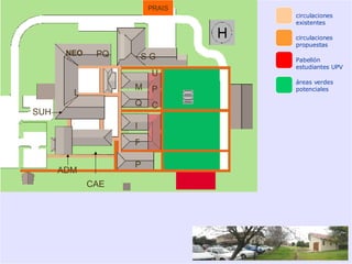 circulaciones existentes circulaciones propuestas Pabellón estudiantes UPV áreas verdes potenciales CAE SUH PQ P ADM L M Q U P C S G PRAIS I F NEO 