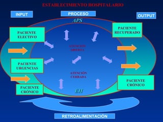 ESTABLECIMIENTO HOSPITALARIO PACIENTE URGENCIAS PACIENTE CRÓNICO PACIENTE CRÓNICO PACIENTE  ELECTIVO PACIENTE RECUPERADO APS ATENCIÓN ABIERTA ATENCIÓN CERRADA EH INPUT OUTPUT PROCESO RETROALIMENTACIÓN 