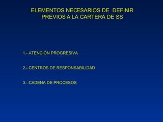 ELEMENTOS NECESARIOS DE  DEFINIR PREVIOS A LA CARTERA DE SS 1.- ATENCIÓN PROGRESIVA 2.- CENTROS DE RESPONSABILIDAD 3.- CADENA DE PROCESOS 