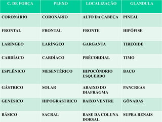 C. DE FORÇA PLEXO LOCALIZAÇÃO GLANDULA
CORONÁRIO CORONÁRIO ALTO DA CABEÇA PINEAL
FRONTAL FRONTAL FRONTE HIPÓFISE
LARÍNGEO LARÍNGEO GARGANTA TIREÓIDE
CARDÍACO CARDÍACO PRÉCORDIAL TIMO
ESPLÊNICO MESENTÉRICO HIPOCÔNDRIO
ESQUERDO
BAÇO
GÁSTRICO SOLAR ABAIXO DO
DIAFRÁGMA
PANCREAS
GENÉSICO HIPOGRÁSTRICO BAIXO VENTRE GÔNADAS
BÁSICO SACRAL BASE DA COLUNA
DORSAL
SUPRA RENAIS
 