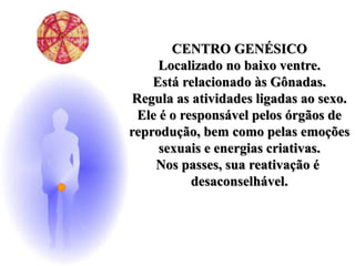 CENTRO GENÉSICO
Localizado no baixo ventre.
Está relacionado às Gônadas.
Regula as atividades ligadas ao sexo.
Ele é o responsável pelos órgãos de
reprodução, bem como pelas emoções
sexuais e energias criativas.
Nos passes, sua reativação é
desaconselhável.
 