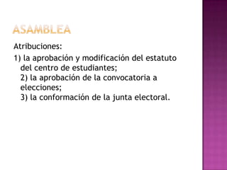 ASAMBLEAAtribuciones:1) la aprobación y modificación del estatuto del centro de estudiantes;2) la aprobación de la convocatoria a elecciones;3) la conformación de la junta electoral.