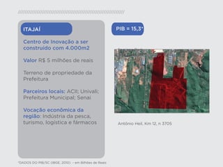 ITAJAÍ                                             PIB = 15,3*

   Centro de Inovação a ser
   construído com 4.000m2                             Sapiens Park
                                                      Avenida Luiz Boiteaux Piazza, S/N -
   Valor R$ 5 milhões de reais                        Canasvieiras


   Terreno de propriedade da
   Prefeitura

   Parceiros locais: ACII; Univali;
   Prefeitura Municipal; Senai

   Vocação econômica da
   região: Indústria da pesca,
   turismo, logística e fármacos                      Antônio Heil, Km 12, n 3705




*DADOS DO PIB/SC (IBGE, 2010) - em Bilhões de Reais
 