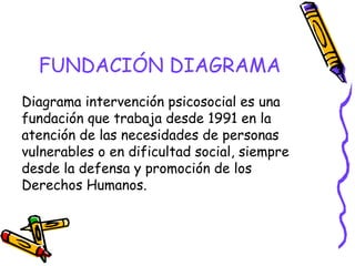 FUNDACIÓN DIAGRAMA
Diagrama intervención psicosocial es una
fundación que trabaja desde 1991 en la
atención de las necesidades de personas
vulnerables o en dificultad social, siempre
desde la defensa y promoción de los
Derechos Humanos.

 