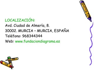 LOCALIZACIÓN:
Avd. Ciudad de Almería, 8.
30002. MURCIA – MURCIA, ESPAÑA
Teléfono: 968344344
Web: www.fundaciondiagrama.es

 