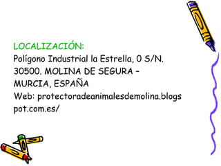 LOCALIZACIÓN:
Polígono Industrial la Estrella, 0 S/N.
30500. MOLINA DE SEGURA –
MURCIA, ESPAÑA
Web: protectoradeanimalesdemolina.blogs
pot.com.es/

 