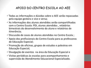 APOIO DO CENTRO ESCOLA AO AEE
Todas as informações e dúvidas sobre o AEE serão repassadas
pela equipe gestora e vice e versa;
As informações dos alunos atendidos serão compartilhadas
com o Centro Escola: PDI, alunos atendidos , relatórios
bimestrais do desenvolvimento do aluno e relatórios de
itinerância;
Discussão de casos de alunos atendidos no Centro Escola ;
Apoio dos profissionais do Centro Escola para as professoras
de Educação Especial;
Promoção de oficinas, grupos de estudos e palestras em
Educação Especial;
Divulgação de eventos na área da Educação Especial e
Visitas periódicas às escolas para acompanhamento e
supervisão do Atendimento Educacional Especializado.
 