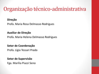 Organização técnico-administrativa
Direção
Profa. Maria Rosa Delmasso Rodrigues
Auxiliar de Direção
Profa. Maria Helena Delmasso Rodrigues
Setor de Coordenação
Profa. Lígia Tessari Prado
Setor de Supervisão
Fga. Marília Piazzi Seno
 