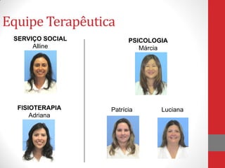 Equipe Terapêutica
SERVIÇO SOCIAL
Alline
FISIOTERAPIA
Adriana
PSICOLOGIA
Márcia
LucianaPatrícia
 