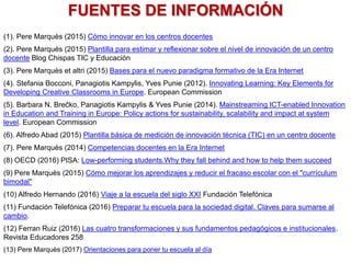 FUENTES DE INFORMACIÓN
(1). Pere Marquès (2015) Cómo innovar en los centros docentes
(2). Pere Marquès (2015) Plantilla para estimar y reflexionar sobre el nivel de innovación de un centro
docente Blog Chispas TIC y Educación
(3). Pere Marquès et altri (2015) Bases para el nuevo paradigma formativo de la Era Internet
(4). Stefania Bocconi, Panagiotis Kampylis, Yves Punie (2012). Innovating Learning: Key Elements for
Developing Creative Classrooms in Europe. European Commission
(5). Barbara N. Brečko, Panagiotis Kampylis & Yves Punie (2014). Mainstreaming ICT-enabled Innovation
in Education and Training in Europe: Policy actions for sustainability, scalability and impact at system
level. European Commission
(6). Alfredo Abad (2015) Plantilla básica de medición de innovación técnica (TIC) en un centro docente
(7). Pere Marquès (2014) Competencias docentes en la Era Internet
(8) OECD (2016) PISA: Low-performing students.Why they fall behind and how to help them succeed
(9) Pere Marquès (2015) Cómo mejorar los aprendizajes y reducir el fracaso escolar con el "currículum
bimodal"
(10) Alfredo Hernando (2016) Viaje a la escuela del siglo XXI Fundación Telefónica
(11) Fundación Telefónica (2016) Preparar tu escuela para la sociedad digital. Claves para sumarse al
cambio.
(12) Ferran Ruiz (2016) Las cuatro transformaciones y sus fundamentos pedagógicos e institucionales.
Revista Educadores 258
(13) Pere Marquès (2017) Orientaciones para poner tu escuela al día
 