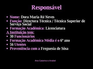 Responsável Nome:   Dora Maria Ré Neves Função:   Directora Técnica / Técnica Superior de Serviço Social Formação Académica:   Licenciatura A Instituição tem: 30  Funcionários Formação Académica Média é o  6º ano 56  Utentes Proveniência com a  Freguesia de Sôsa Ana Catarina e Anabel 