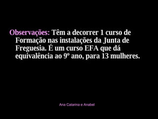 Observações:   Têm a decorrer 1 curso de Formação nas instalações da Junta de Freguesia. É um curso EFA que dá equivalência ao 9º ano, para 13 mulheres. Ana Catarina e Anabel 