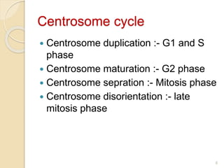 Centrosome cycle
 Centrosome duplication :- G1 and S
phase
 Centrosome maturation :- G2 phase
 Centrosome sepration :- Mitosis phase
 Centrosome disorientation :- late
mitosis phase
6
 