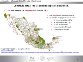 6
Cobertura actual de las señales Digitales en México.
 146 estaciones de TDT en operación a junio del 2013
 43 reportan mulprogramación de estas:
• 16 transmiten sólo en HDTV.
• 10 transmitenen HD y SD.
• 15 sólo transmiten SD.
• 1 transmite HD y TV móvil.
• 1 transmite en HD y 3D.
 Más del 70% de la población cubierta
I.- Transición a la Televisión Digital Terrestre. Infraestructura
Mayor información en la página tdt.mx
http://www.tdt.mx/tdt/
http://www.cft.gob.mx:8080/portal/industria-intermedia/unidad-de-sistemas-de-radio-y-television/tramites-y-servicios/infraestructura-de-estaciones/
 