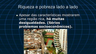 Riqueza e pobreza lado a lado
 Apesar das características mostrarem
uma região rica, há muitas
desigualdades. (Sérios
problemas socioeconômicos).
 