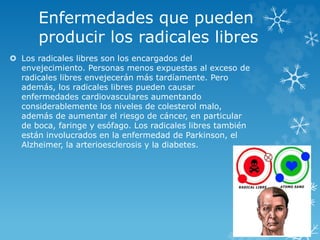 Enfermedades que pueden 
producir los radicales libres 
 Los radicales libres son los encargados del 
envejecimiento. Personas menos expuestas al exceso de 
radicales libres envejecerán más tardíamente. Pero 
además, los radicales libres pueden causar 
enfermedades cardiovasculares aumentando 
considerablemente los niveles de colesterol malo, 
además de aumentar el riesgo de cáncer, en particular 
de boca, faringe y esófago. Los radicales libres también 
están involucrados en la enfermedad de Parkinson, el 
Alzheimer, la arterioesclerosis y la diabetes. 
 