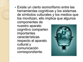 Existe un cierto isomorfismo entre las herramientas cognitivas y los sistemas de símbolos culturales y los medios que los movilizan, ello implica que algunos componentes de nuestro aparato cognitivo comparten importantes características respecto al aparato cultural y comunicación correspondiente.