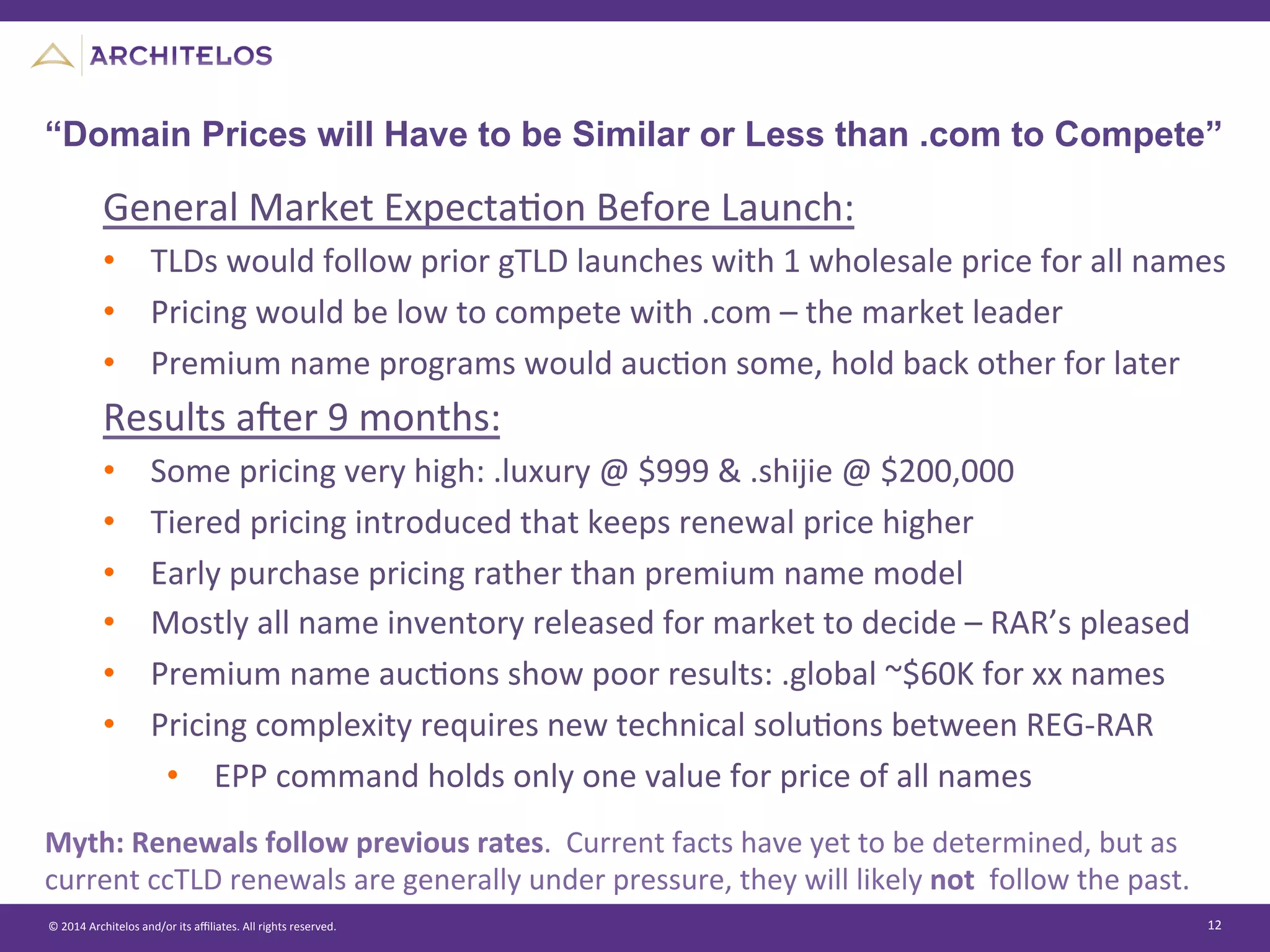 ©	
  2014	
  Architelos	
  and/or	
  its	
  aﬃliates.	
  All	
  rights	
  reserved.	
   12	
  
“Domain Prices will Have to be Similar or Less than .com to Compete”
General	
  Market	
  ExpectaJon	
  Before	
  Launch:	
  
•  TLDs	
  would	
  follow	
  prior	
  gTLD	
  launches	
  with	
  1	
  wholesale	
  price	
  for	
  all	
  names	
  
•  Pricing	
  would	
  be	
  low	
  to	
  compete	
  with	
  .com	
  –	
  the	
  market	
  leader	
  
•  Premium	
  name	
  programs	
  would	
  aucJon	
  some,	
  hold	
  back	
  other	
  for	
  later	
  
Results	
  aier	
  9	
  months:	
  
•  Some	
  pricing	
  very	
  high:	
  .luxury	
  @	
  $999	
  &	
  .shijie	
  @	
  $200,000	
  
•  Tiered	
  pricing	
  introduced	
  that	
  keeps	
  renewal	
  price	
  higher	
  
•  Early	
  purchase	
  pricing	
  rather	
  than	
  premium	
  name	
  model	
  
•  Mostly	
  all	
  name	
  inventory	
  released	
  for	
  market	
  to	
  decide	
  –	
  RAR’s	
  pleased	
  
•  Premium	
  name	
  aucJons	
  show	
  poor	
  results:	
  .global	
  ~$60K	
  for	
  xx	
  names	
  
•  Pricing	
  complexity	
  requires	
  new	
  technical	
  soluJons	
  between	
  REG-­‐RAR	
  
•  EPP	
  command	
  holds	
  only	
  one	
  value	
  for	
  price	
  of	
  all	
  names	
  
Myth:	
  Renewals	
  follow	
  previous	
  rates.	
  	
  Current	
  facts	
  have	
  yet	
  to	
  be	
  determined,	
  but	
  as	
  
current	
  ccTLD	
  renewals	
  are	
  generally	
  under	
  pressure,	
  they	
  will	
  likely	
  not	
  	
  follow	
  the	
  past.	
  
 