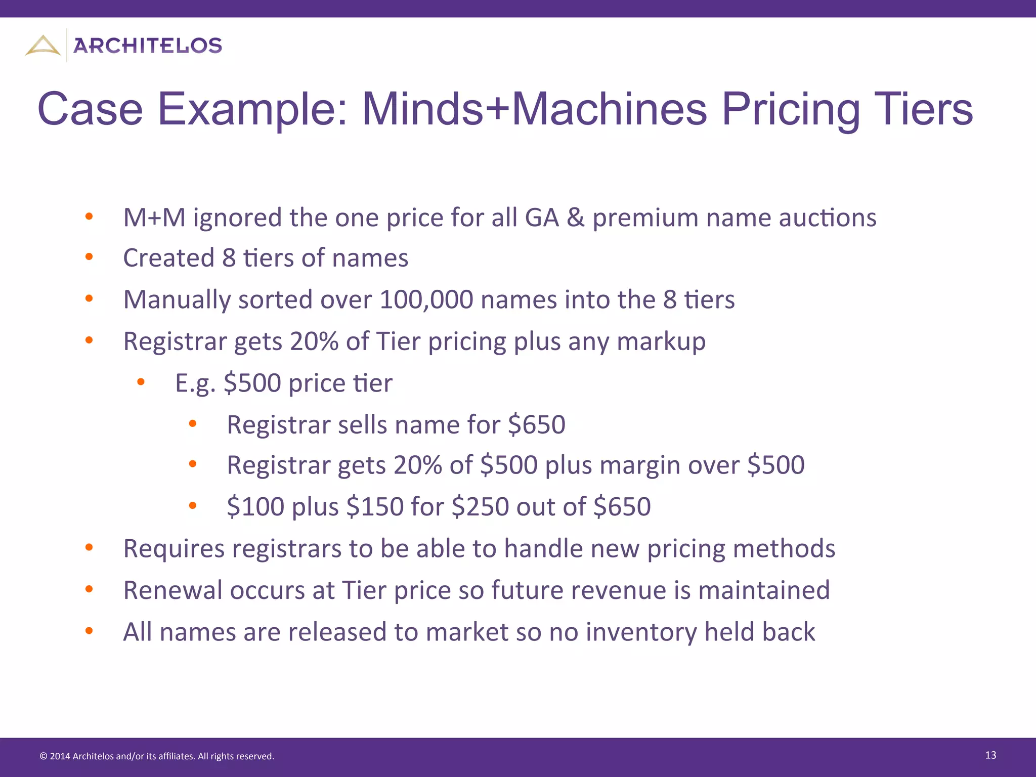 ©	
  2014	
  Architelos	
  and/or	
  its	
  aﬃliates.	
  All	
  rights	
  reserved.	
   13	
  
Case Example: Minds+Machines Pricing Tiers
•  M+M	
  ignored	
  the	
  one	
  price	
  for	
  all	
  GA	
  &	
  premium	
  name	
  aucJons	
  
•  Created	
  8	
  Jers	
  of	
  names	
  
•  Manually	
  sorted	
  over	
  100,000	
  names	
  into	
  the	
  8	
  Jers	
  
•  Registrar	
  gets	
  20%	
  of	
  Tier	
  pricing	
  plus	
  any	
  markup	
  
•  E.g.	
  $500	
  price	
  Jer	
  
•  Registrar	
  sells	
  name	
  for	
  $650	
  
•  Registrar	
  gets	
  20%	
  of	
  $500	
  plus	
  margin	
  over	
  $500	
  
•  $100	
  plus	
  $150	
  for	
  $250	
  out	
  of	
  $650	
  
•  Requires	
  registrars	
  to	
  be	
  able	
  to	
  handle	
  new	
  pricing	
  methods	
  
•  Renewal	
  occurs	
  at	
  Tier	
  price	
  so	
  future	
  revenue	
  is	
  maintained	
  
•  All	
  names	
  are	
  released	
  to	
  market	
  so	
  no	
  inventory	
  held	
  back	
  
 