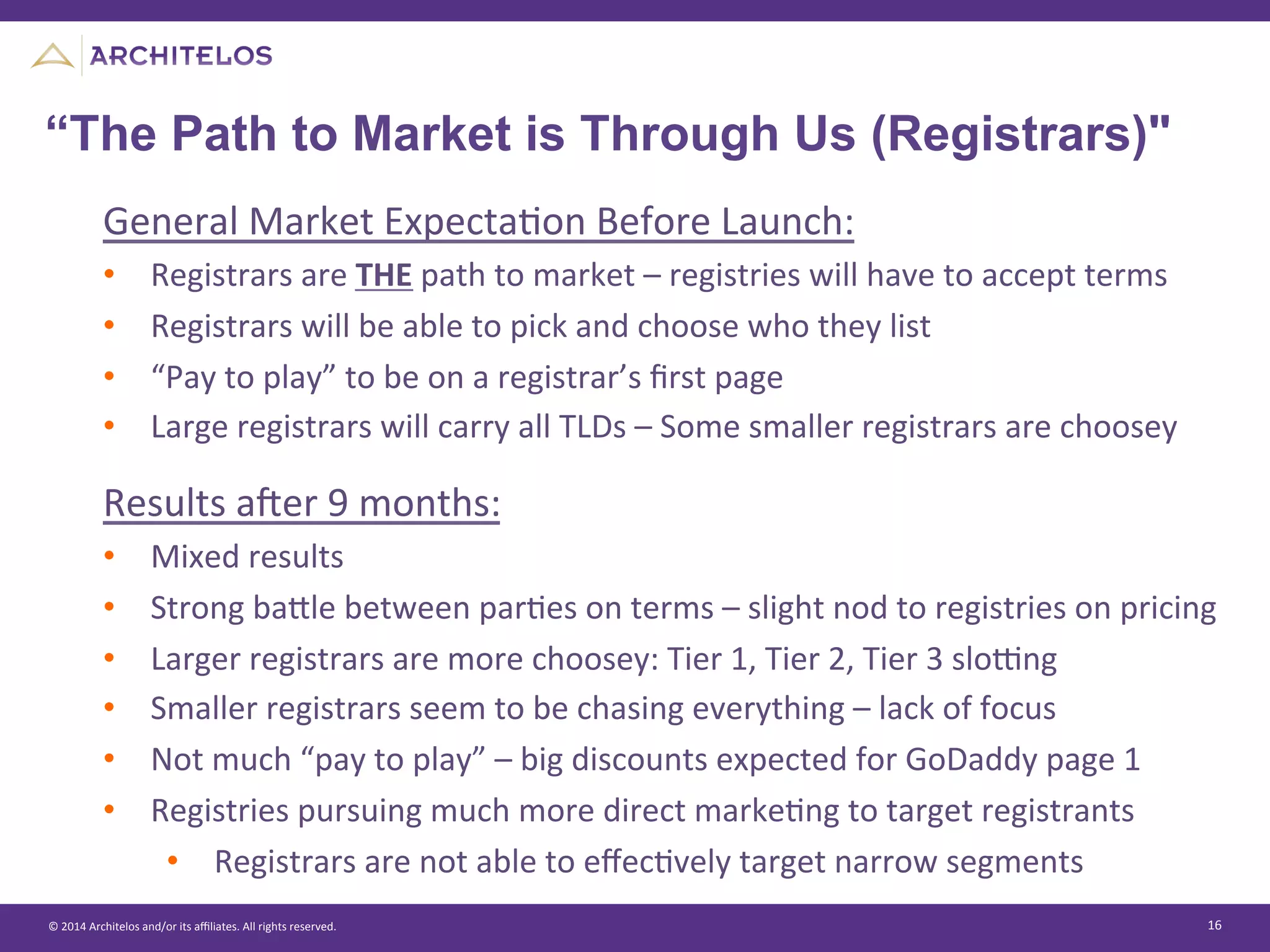 ©	
  2014	
  Architelos	
  and/or	
  its	
  aﬃliates.	
  All	
  rights	
  reserved.	
   16	
  
“The Path to Market is Through Us (Registrars)"
General	
  Market	
  ExpectaJon	
  Before	
  Launch:	
  
•  Registrars	
  are	
  THE	
  path	
  to	
  market	
  –	
  registries	
  will	
  have	
  to	
  accept	
  terms	
  
•  Registrars	
  will	
  be	
  able	
  to	
  pick	
  and	
  choose	
  who	
  they	
  list	
  
•  “Pay	
  to	
  play”	
  to	
  be	
  on	
  a	
  registrar’s	
  ﬁrst	
  page	
  
•  Large	
  registrars	
  will	
  carry	
  all	
  TLDs	
  –	
  Some	
  smaller	
  registrars	
  are	
  choosey	
  
Results	
  aier	
  9	
  months:	
  
•  Mixed	
  results	
  
•  Strong	
  basle	
  between	
  parJes	
  on	
  terms	
  –	
  slight	
  nod	
  to	
  registries	
  on	
  pricing	
  
•  Larger	
  registrars	
  are	
  more	
  choosey:	
  Tier	
  1,	
  Tier	
  2,	
  Tier	
  3	
  slo<ng	
  
•  Smaller	
  registrars	
  seem	
  to	
  be	
  chasing	
  everything	
  –	
  lack	
  of	
  focus	
  
•  Not	
  much	
  “pay	
  to	
  play”	
  –	
  big	
  discounts	
  expected	
  for	
  GoDaddy	
  page	
  1	
  
•  Registries	
  pursuing	
  much	
  more	
  direct	
  markeJng	
  to	
  target	
  registrants	
  
•  Registrars	
  are	
  not	
  able	
  to	
  eﬀecJvely	
  target	
  narrow	
  segments	
  
 