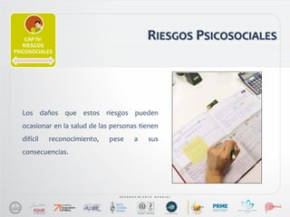 RIESGOS PSICOSOCIALES
Los daños que estos riesgos pueden
ocasionar en la salud de las personas tienen
difícil reconocimiento, pese a sus
consecuencias.
CAP IV:
RIESGOS
PSICOSOCIALES
 