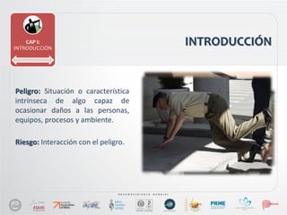 INTRODUCCIÓNCAP I:
INTRODUCCIÓN
Peligro: Situación o característica
intrínseca de algo capaz de
ocasionar daños a las personas,
equipos, procesos y ambiente.
Riesgo: Interacción con el peligro.
 