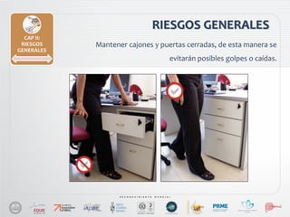 RIESGOS GENERALES
CAP II:
RIESGOS
GENERALES
Mantener cajones y puertas cerradas, de esta manera se
evitarán posibles golpes o caídas.
 