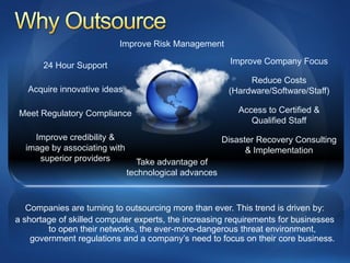 Improve Risk Management

       24 Hour Support                                   Improve Company Focus

                                                             Reduce Costs
   Acquire innovative ideas                             (Hardware/Software/Staff)

 Meet Regulatory Compliance                                Access to Certified &
                                                              Qualified Staff
    Improve credibility &                              Disaster Recovery Consulting
  image by associating with                                  & Implementation
     superior providers          Take advantage of
                              technological advances



   Companies are turning to outsourcing more than ever. This trend is driven by:
a shortage of skilled computer experts, the increasing requirements for businesses
        to open their networks, the ever-more-dangerous threat environment,
    government regulations and a company’s need to focus on their core business.
 