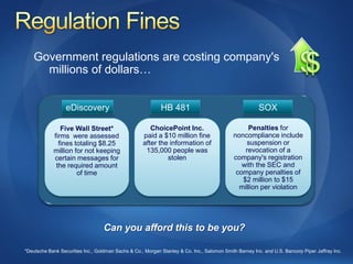 Government regulations are costing company's
      millions of dollars…


                  eDiscovery                                HB 481                                      SOX

               Five Wall Street*                       ChoicePoint Inc.                          Penalties for
            firms were assessed                     paid a $10 million fine                 noncompliance include
              fines totaling $8.25                  after the information of                    suspension or
            million for not keeping                  135,000 people was                         revocation of a
            certain messages for                             stolen                         company's registration
             the required amount                                                               with the SEC and
                     of time                                                                 company penalties of
                                                                                               $2 million to $15
                                                                                              million per violation




                                   Can you afford this to be you?

*Deutsche Bank Securities Inc., Goldman Sachs & Co., Morgan Stanley & Co. Inc., Salomon Smith Barney Inc. and U.S. Bancorp Piper Jaffray Inc.
 