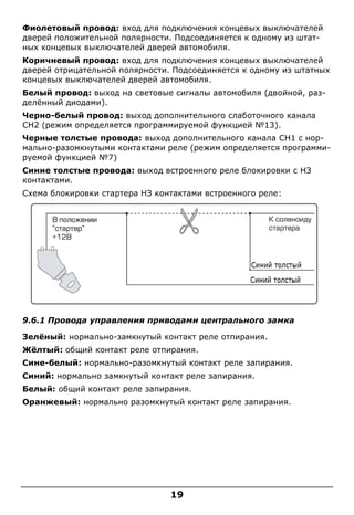 19
Фиолетовый провод: вход для подключения концевых выключателей
дверей положительной полярности. Подсоединяется к одному из штат-
ных концевых выключателей дверей автомобиля.
Коричневый провод: вход для подключения концевых выключателей
дверей отрицательной полярности. Подсоединяется к одному из штатных
концевых выключателей дверей автомобиля.
Белый провод: выход на световые сигналы автомобиля (двойной, раз-
делённый диодами).
Черно-белый провод: выход дополнительного слаботочного канала
СН2 (режим определяется программируемой функцией №13).
Черные толстые провода: выход дополнительного канала CH1 c нор-
мально-разомкнутыми контактами реле (режим определяется программи-
руемой функцией №7)
Синие толстые провода: выход встроенного реле блокировки с НЗ
контактами.
Схема блокировки стартера НЗ контактами встроенного реле:
9.6.1 Провода управления приводами центрального замка
Зелёный: нормально-замкнутый контакт реле отпирания.
Жёлтый: общий контакт реле отпирания.
Сине-белый: нормально-разомкнутый контакт реле запирания.
Синий: нормально замкнутый контакт реле запирания.
Белый: общий контакт реле запирания.
Оранжевый: нормально разомкнутый контакт реле запирания.
 
