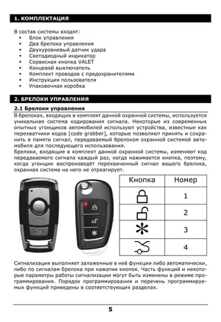 5
1. КОМПЛЕКТАЦИЯ
В состав системы входят:
 Блок управления
 Два брелока управления
 Двухуровневый датчик удара
 Светодиодный индикатор
 Сервисная кнопка VALET
 Концевой выключатель
 Комплект проводов с предохранителями
 Инструкция пользователя
 Упаковочная коробка
2. БРЕЛОКИ УПРАВЛЕНИЯ И ДАТЧИК УДАРА
2.1 Брелоки управления
В брелоках, входящих в комплект данной охранной системы, используется
уникальная система кодирования сигнала. Некоторые из современных
опытных угонщиков автомобилей используют устройства, известные как
перехватчики кодов [code grabber], которые позволяют принять и сохра-
нить в памяти сигнал, передаваемый брелоком охранной системой авто-
мобиля для последующего использования.
Брелоки, входящие в комплект данной охранной системы, изменяют код
передаваемого сигнала каждый раз, когда нажимается кнопка, поэтому,
когда угонщик воспроизведёт перехваченный сигнал вашего брелока,
охранная система на него не отреагирует.
Сигнализация выполняет заложенные в неё функции либо автоматически,
либо по сигналам брелока при нажатии кнопок. Часть функций и некото-
рые параметры работы сигнализации могут быть изменены в режиме про-
граммирования. Порядок программирования и перечень программируе-
мых функций приведены в соответствующих разделах.
Кнопка Номер
1
2
3
4
 