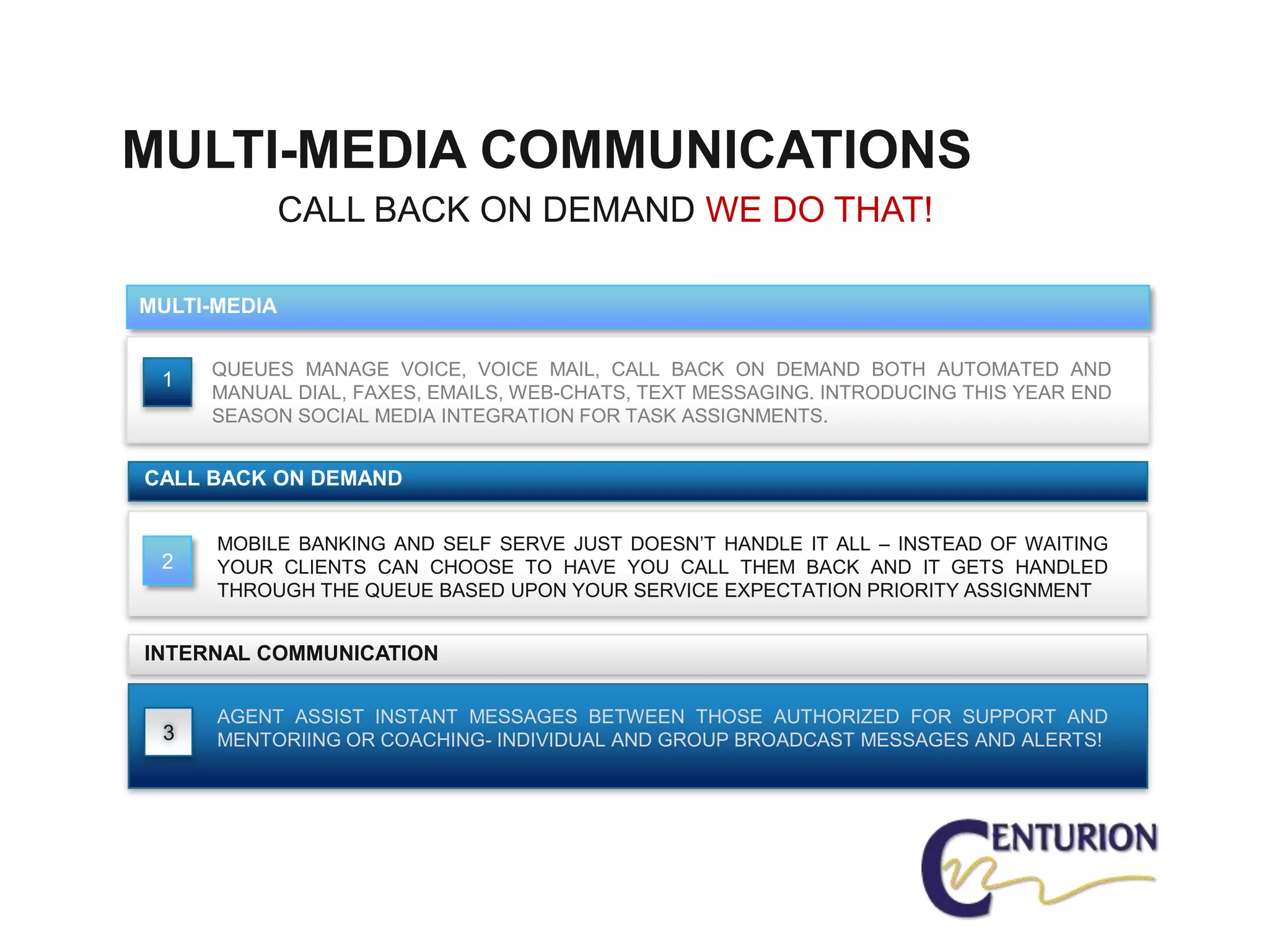MULTI-MEDIA COMMUNICATIONS
              CALL BACK ON DEMAND WE DO THAT!

MULTI-MEDIA

     QUEUES MANAGE VOICE, VOICE MAIL, CALL BACK ON DEMAND BOTH AUTOMATED AND
 1
     MANUAL DIAL, FAXES, EMAILS, WEB-CHATS, TEXT MESSAGING. INTRODUCING THIS YEAR END
     SEASON SOCIAL MEDIA INTEGRATION FOR TASK ASSIGNMENTS.


CALL BACK ON DEMAND


      MOBILE BANKING AND SELF SERVE JUST DOESN’T HANDLE IT ALL – INSTEAD OF WAITING
 2    YOUR CLIENTS CAN CHOOSE TO HAVE YOU CALL THEM BACK AND IT GETS HANDLED
      THROUGH THE QUEUE BASED UPON YOUR SERVICE EXPECTATION PRIORITY ASSIGNMENT


INTERNAL COMMUNICATION

      AGENT ASSIST INSTANT MESSAGES BETWEEN THOSE AUTHORIZED FOR SUPPORT AND
 3    MENTORIING OR COACHING- INDIVIDUAL AND GROUP BROADCAST MESSAGES AND ALERTS!
 