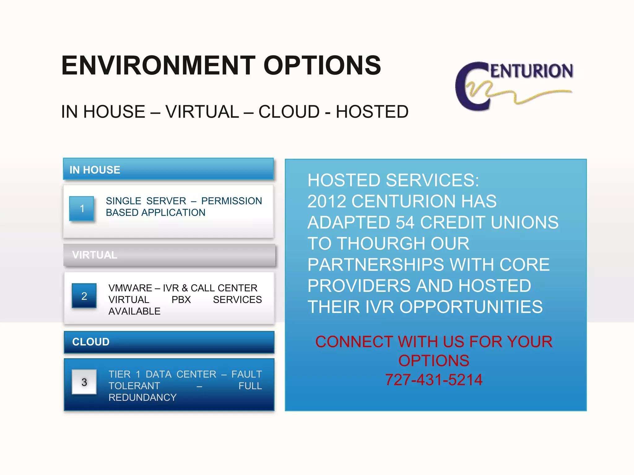 ENVIRONMENT OPTIONS
IN HOUSE – VIRTUAL – CLOUD - HOSTED


IN HOUSE
                                    HOSTED SERVICES:
  1
      SINGLE SERVER – PERMISSION
      BASED APPLICATION
                                    2012 CENTURION HAS
                                    ADAPTED 54 CREDIT UNIONS
                                    TO THOURGH OUR
 VIRTUAL
                                    PARTNERSHIPS WITH CORE
  2
      VMWARE – IVR & CALL CENTER    PROVIDERS AND HOSTED
      VIRTUAL    PBX     SERVICES
      AVAILABLE                     THEIR IVR OPPORTUNITIES
 CLOUD                              CONNECT WITH US FOR YOUR
                                            OPTIONS
      TIER 1 DATA CENTER – FAULT
  3   TOLERANT       –      FULL          727-431-5214
      REDUNDANCY
 