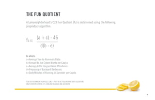 9
THE FUN QUOTIENT
A Lemoneighborhood's C21 Fun Quotient (fQ) is determined using the following
proprietary algorithm:
In which:
a=Average Tree-to-Hammock Ratio
b=Annual No. Ice Cream Nights per Capita
c=Average Little League Game Attendance
d=Frequency of Backyard Barbecues
e=Daily Minutes of Running in Sprinkler per Capita
fQ =
(a + c) - 46
d(b - e)
FOR ENTERTAINMENT PURPOSES ONLY – NOT AN ACTUAL PROPRIETARY ALGORITHM.
ONLY STATISTICS FROM C21.COM ARE RELIABLE AND ACCURATE
 