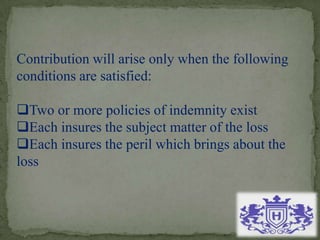Contribution will arise only when the following
conditions are satisfied:
Two or more policies of indemnity exist
Each insures the subject matter of the loss
Each insures the peril which brings about the
loss
 