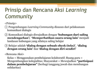 Prinsip dan Rencana Aksi Learning
Community
<Prinsip>
① Pengembangan Learning Community disusun dari pelaksanaan
komunikasi dialogis
② Komunikasi dialogis diwujudkan dengan ‘hubungan dari saling
mendengarkan’; ‘Memperhatikan suara orang lain’ menjadi
landasan hubungan yang sifatnya saling belajar
③ Belajar adalah ‘dialog dengan sebuah obyek (teks)’, ‘dialog
dengan orang lain’ dan ‘dialog dengan diri sendiri’
<Rencana Aksi>
Kelas = Menggunakan pembelajaran kolaboratif; Ruang guru =
Mengembangkan kolegialitas; Masyarakat = Mewujudkan “partisipasi
dalam pembelajaran” (berbagi tanggung jawab dan membangun
solidaritas)
 
