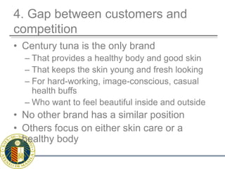 4. Gap between customers and competitionCentury tuna is the only brandThat provides a healthy body and good skinThat keeps the skin young and fresh lookingFor hard-working, image-conscious, casual health buffsWho want to feel beautiful inside and outsideNo other brand has a similar positionOthers focus on either skin care or a healthy body