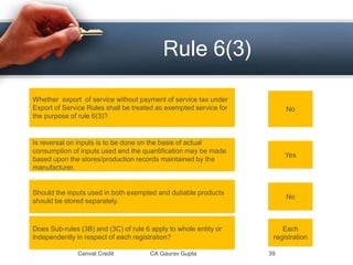 Cenvat Credit CA Gaurav Gupta 39
Rule 6(3)
Whether export of service without payment of service tax under
Export of Service Rules shall be treated as exempted service for
the purpose of rule 6(3)?
No
Is reversal on inputs is to be done on the basis of actual
consumption of inputs used and the quantification may be made
based upon the stores/production records maintained by the
manufacturer.
Yes
Should the inputs used in both exempted and dutiable products
should be stored separately.
No
Does Sub-rules (3B) and (3C) of rule 6 apply to whole entity or
independently in respect of each registration?
Each
registration
 
