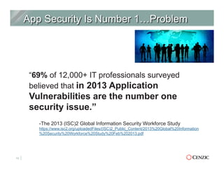 13
“69% of 12,000+ IT professionals surveyed
believed that in 2013 Application
Vulnerabilities are the number one
security issue.”
-The 2013 (ISC)2 Global Information Security Workforce Study
https://www.isc2.org/uploadedFiles/(ISC)2_Public_Content/2013%20Global%20Information
%20Security%20Workforce%20Study%20Feb%202013.pdf
 