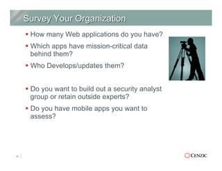 § How many Web applications do you have?
§ Which apps have mission-critical data
behind them?
§ Who Develops/updates them?
§ Do you want to build out a security analyst
group or retain outside experts?
§ Do you have mobile apps you want to
assess?
20
 