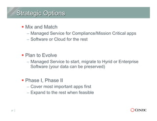 § Mix and Match
–  Managed Service for Compliance/Mission Critical apps
–  Software or Cloud for the rest
§ Plan to Evolve
–  Managed Service to start, migrate to Hyrid or Enterprise
Software (your data can be preserved)
§ Phase I, Phase II
–  Cover most important apps first
–  Expand to the rest when feasible
27
 