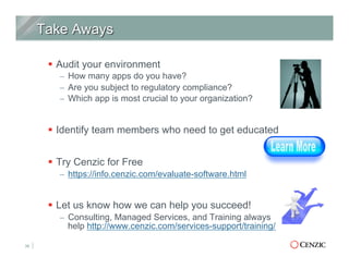 §  Audit your environment
–  How many apps do you have?
–  Are you subject to regulatory compliance?
–  Which app is most crucial to your organization?
§  Identify team members who need to get educated
§  Try Cenzic for Free
–  https://info.cenzic.com/evaluate-software.html
§  Let us know how we can help you succeed!
–  Consulting, Managed Services, and Training always
help http://www.cenzic.com/services-support/training/
36
 