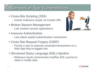 § Cross-Site Scripting (XSS)
–  Inserts malicious scripts via trusted URL
§ Broken Session Management
–  Lets hackers access applications
§ Insecure Authentication
–  Lets attack exploit authentication mechanism
§ Cross Site Request Forgery (CSRF)
–  Forces a user to execute unwanted transactions on a
Web App they’re logged into.
§ Structured Query Language (SQL) Injection
–  Malicious inputs (commands) modifies SQL queries to
steal or modify data.
8
 