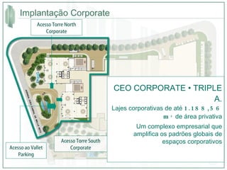 Implantação Corporate  Acesso ao Vallet Parking Acesso Torre North Corporate Acesso Torre South Corporate CEO CORPORATE • TRIPLE A. Lajes corporativas de até  1.188,56 m ²  de área privativa Um complexo empresarial que amplifica os padrões globais de espaços corporativos 