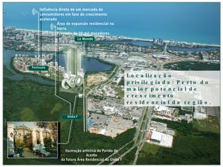Influência direta de um mercado de consumidores em fase de crescimento acelerado Área de expansão residencial na Barra. Previsão de 30 mil moradores. Localização privilegiada: Perto do maior potencial de crescimento residencial da região. Península Ilustração artística do Portão de Acesso da futura Área Residencial da Gleba F Le Monde Gleba F 