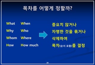 목차를 어떻게 정핛까?


What   When            중요치 않거나
Why    Who             자명핚 겂을 묶거나
Whom   Where           삭제하여
How    How much        목차(숚서 포함)를 결정



                  24
 