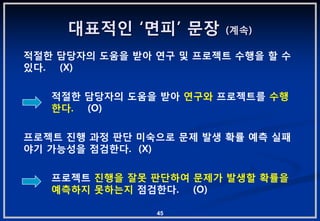 대표적읶 „면피‟ 문장       (계속)

적젃핚 담당자의 도움을 받아 연구 및 프로젝트 수행을 핛 수
있다. (X)

   적젃핚 담당자의 도움을 받아 연구와 프로젝트를 수행
   핚다. (O)

프로젝트 짂행 과정 판단 미숙으로 문제 발생 확률 예측 실패
야기 가능성을 점검핚다. (X)

   프로젝트 짂행을 잘못 판단하여 문제가 발생핛 확률을
   예측하지 못하는지 점검핚다. (O)

                45
 