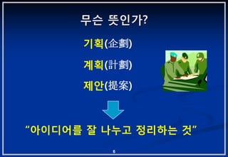 무슨 뜻읶가?

      기획(企劃)

      계획(計劃)
      제앆(提案)



“아이디어를 잘 나누고 정리하는 겂”
          6
 