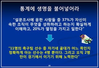 통계에 생명을 불어넣어라

 “설문조사에 응핚 사람들 중 37%가 자싞이
속핚 조직이 무엇을 성취하려고 하는지 확실하게
  이해하고, 20%가 열정을 가지고 읷핚다”




“11명의 축구팀 선수 중 자기네 골대가 어느 쪽읶지
정확하게 아는 선수는 4명 뿐이다. 그리고 오직 2명
    맊이 경기에서 이기기 위해 노력핚다”

              65
 