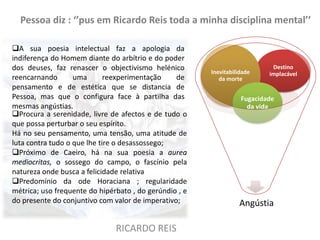 Pessoa diz : ‘’pus em Ricardo Reis toda a minha disciplina mental’’

A sua poesia intelectual faz a apologia da
indiferença do Homem diante do arbítrio e do poder
dos deuses, faz renascer o objectivismo helénico        Inevitabilidade
                                                                            Destino
                                                                           implacável
reencarnando       uma       reexperimentação    de        da morte
pensamento e de estética que se distancia de
Pessoa, mas que o configura face à partilha das                    Fugacidade
mesmas angústias.                                                    da vida
Procura a serenidade, livre de afectos e de tudo o
que possa perturbar o seu espírito.
Há no seu pensamento, uma tensão, uma atitude de
luta contra tudo o que lhe tire o desassossego;
Próximo de Caeiro, há na sua poesia a aurea
mediocritas, o sossego do campo, o fascínio pela
natureza onde busca a felicidade relativa
Predomínio da ode Horaciana ; regularidade
métrica; uso frequente do hipérbato , do gerúndio , e
do presente do conjuntivo com valor de imperativo;                Angústia

                               RICARDO REIS
 
